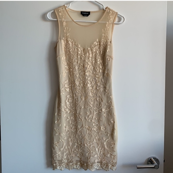 Cream Bebe Lace Embroidered Sheer Back Cocktail Dress - Picture 6 of 6